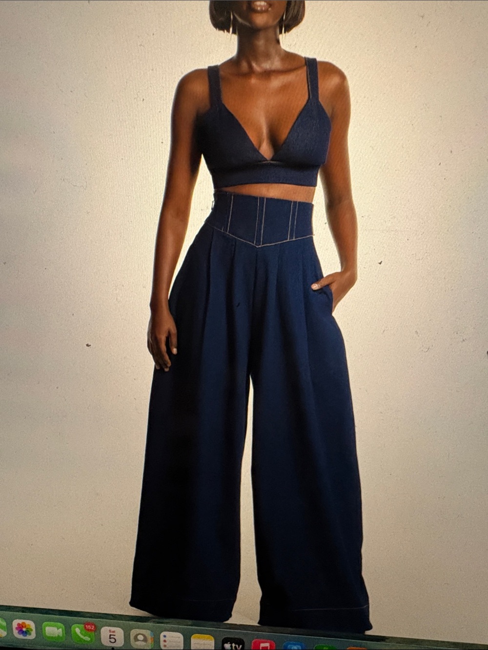 OFUURE Navy High-Waist Wide-Leg Pants with Corset Waist Detail